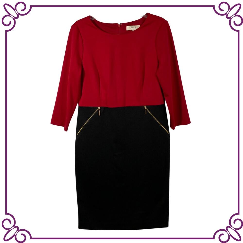 Kasper Dress Red & Black Color Block 3/4 Sleeve Shift Dress Size 12